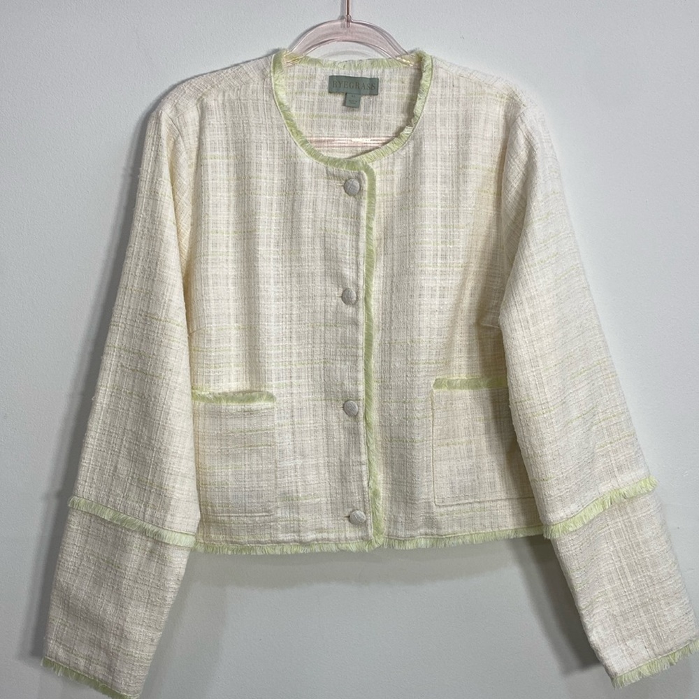 Rye Grass Tweed Jacket‎ Blazer Women's XL Light Green Ivory